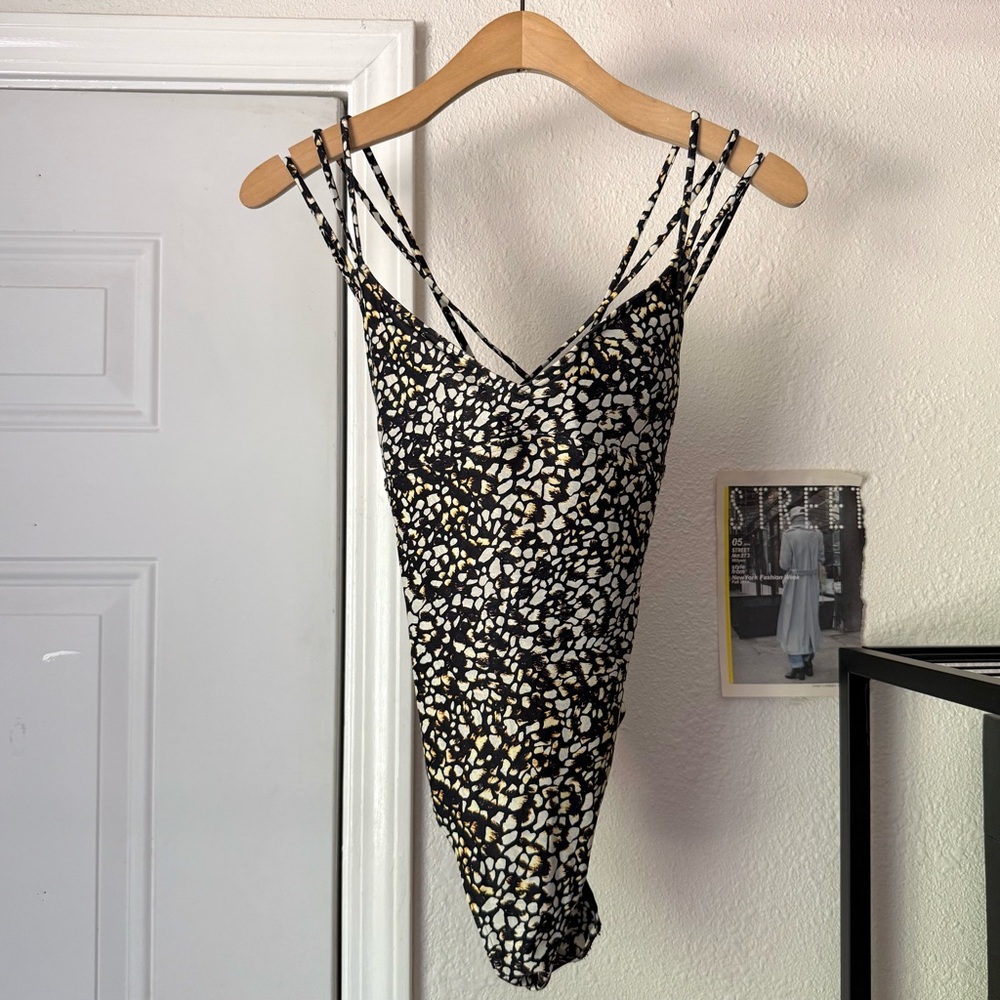 BOND-EYE AUSTRALIA black multicolor dot animal scoop back strappy one piece swim